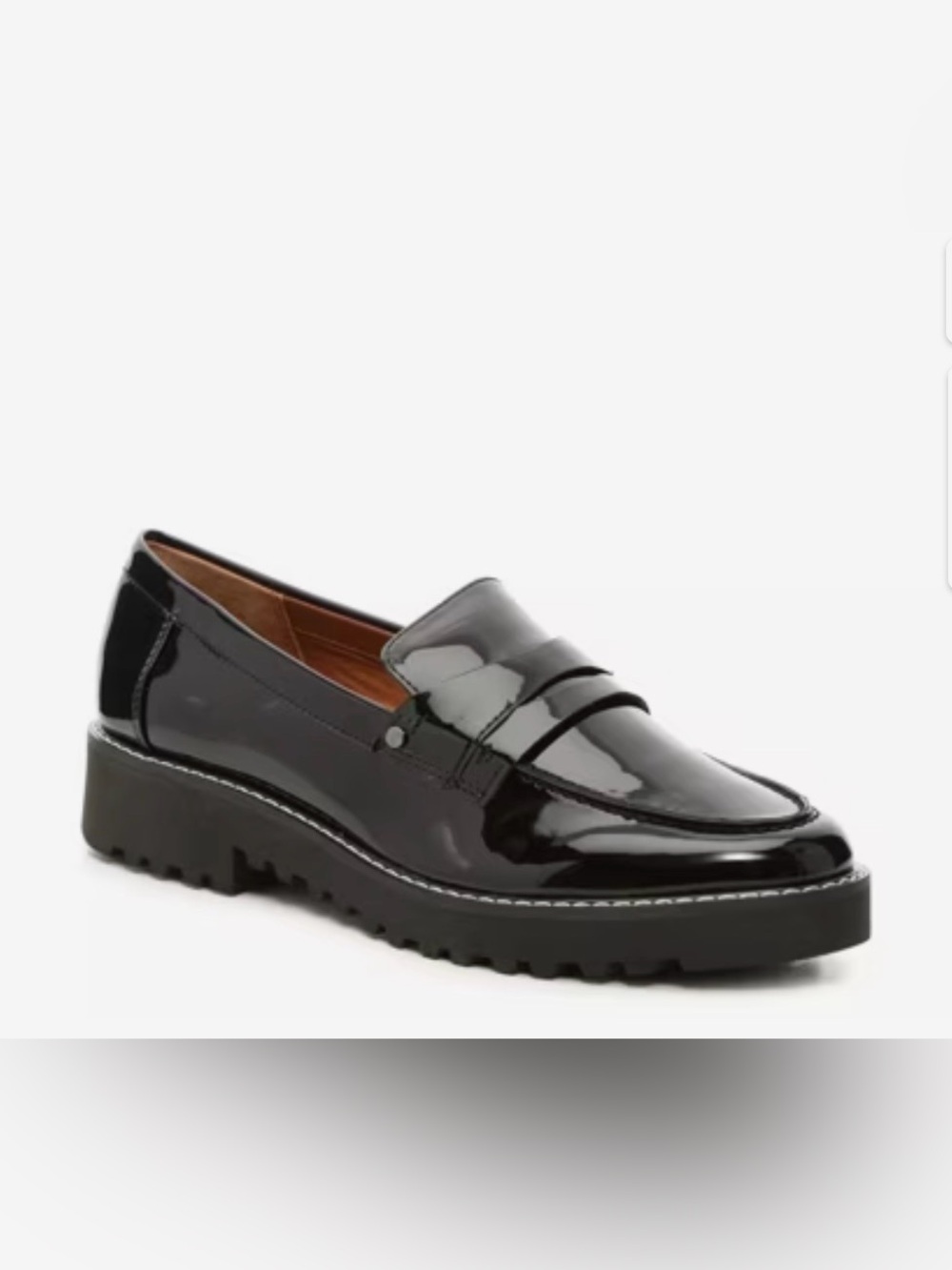Franco Sarto Black Patent Penny Loafers with Lug Sole Comfort office
